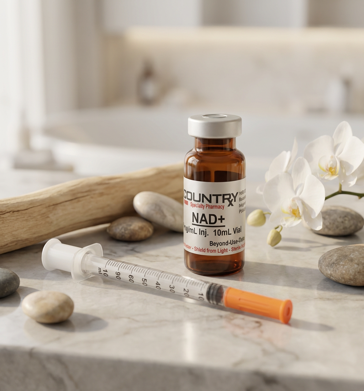 NAD+ vial and syringe with orchid on marble — Haus of Revival